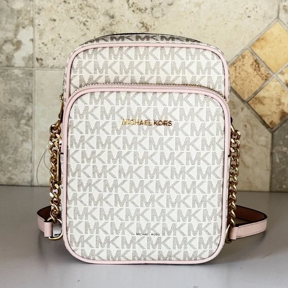 Michael Kors Jet Set Travel MD Flight Chain Crossbody Bag MK Vanilla/Pink - Picture 2 of 15